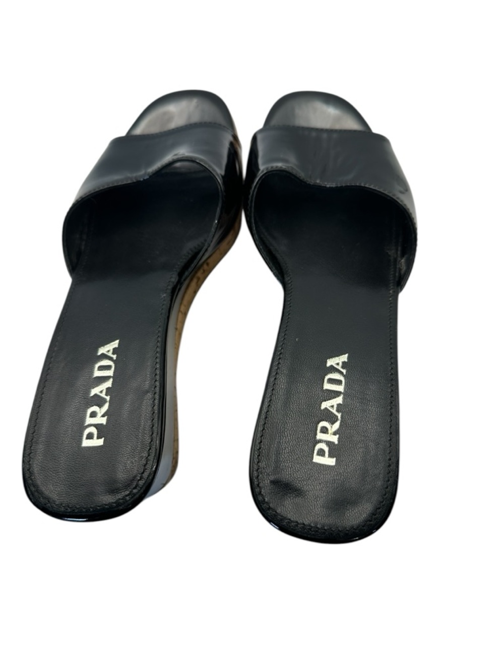 Prada Cork Wedge Slide Sandals Black Patent Leather Platform Mule EU 35.5 US 5.5 - Picture 5 of 7